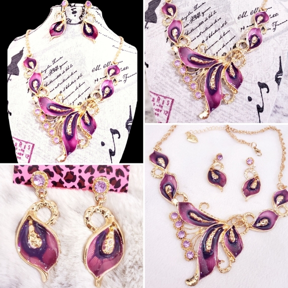 Gold plated Red green purple sparkly crystal feather necklace earrings sets - Picture 2 of 16